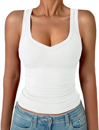 GKBK Womens Sleeveless Tank Top Form Fitting Spaghetti Strap V Neck Ribbed Knit Workout Basic Slim Fit Crop Summer 2025 Camisole Layering Casual Shirts Outfits Clothes White XS - Image 1