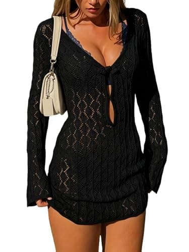 WODECASA Women Crochet Cover Up Dress V Neck Knit Hollow Out Beach Dress Long Sleeve Button Front Swim Bikini Cover Up - Image 1