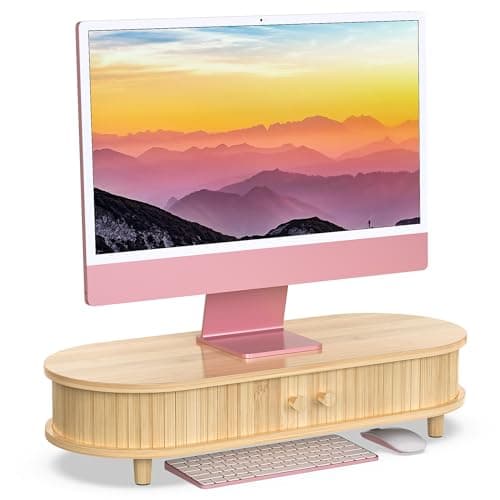 WELL WENG Bamboo Monitor Stand with Storage, Curved Computer Laptop Stand Desk Shelf Organizer with Sliding Doors (25 inch) - Image 1