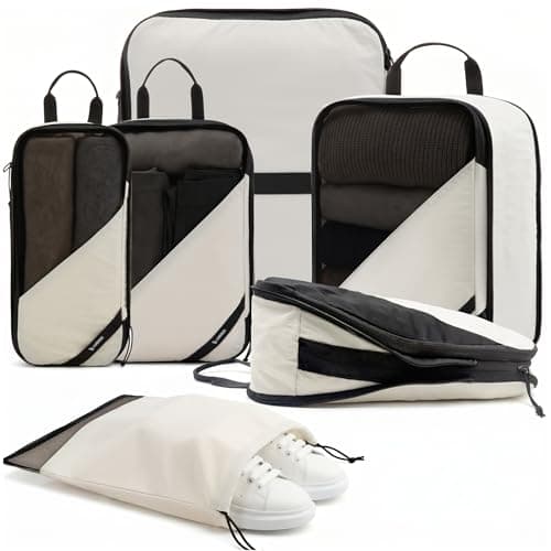 LUGGEX Compression Packing Cubes for Travel, 6 Set Lightweight Luggage Organizer Bags with Shoe Bag, Space Saving Suitcase Packing Cubes for Carry-On with Breathable Mesh, Double-Zipper (POX01, Beige) - Image 1