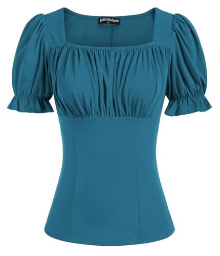 Peasant Tops for Women Vintage Puff Sleeve Square Neck Renaissance Shirt Peacock Blue XL - Image 1