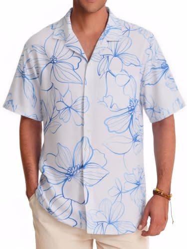 ALLOVIN Mens Camp Collar Hawaiian Shirt Linen Tencel Floral Button Down Loose Fit for Summer Beach & Holiday Party | Blue Floral on White | Medium - Image 1