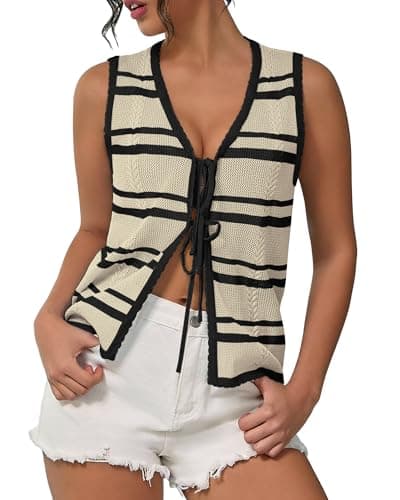 IEEILULU Women Sleeveless Knit Vest Striped V Neck Tie Front Sweater Vests Y2k Crochet Tank Tops for Going Out Beach Vacation (Beige Black Stripe, XL) - Image 1
