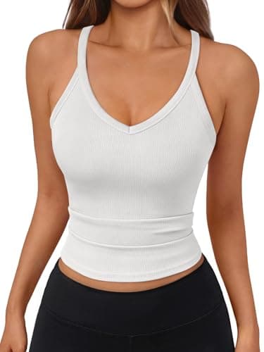 Trendy Queen Womens Racerback Ribbed Tank Tops Soft Stretch V Neck Workout Casual Tops Summer Sleeveless Crop Camisole White L - Image 1
