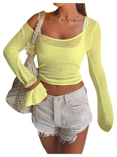 MakeMeChic Women's Mesh Beach Coverup Knit Bell Sleeve Tops Crop Crochet Tops Yellow X-Small - Image 1