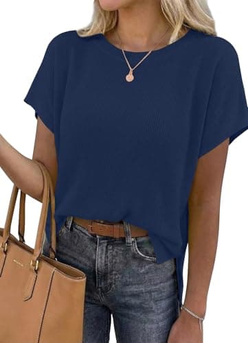 YSYOKOW Women's Short Sleeve Ribbed Knit Sweater Crewneck Tunic Pullover Loose Fit Lightweight Summer Fall Shirts for Leggings,Navy Blue,XX-Large - Image 1