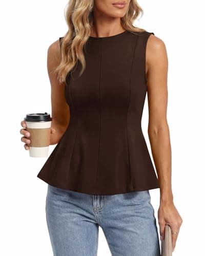 BTFBM Womens Summer Tops 2026 Business Casual Outfits Crew Neck Sleeveless Shirts Slim Fit Peplum Tank Top(Dark Brown, Large) - Image 1