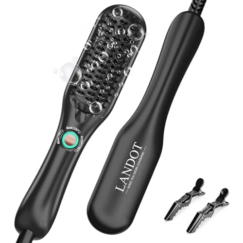 LANDOT Mini Hair Straightener Brush - Ionic Heated Straightening Brush for Frizz-Free & Smooth Styling, Compact Lightweight Dual Voltage Travel Flat Iron Comb for Medium Short Hair, Black - Image 1
