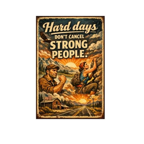 Hard Days Dont Cancel Strong People Tin Sign Inspirational Quote Metal Wall Decor Mountain Climbing Art Rustic Motivation Plaque Vintage Courage Poster For Home Office Cabin Garage 8x12 Inch - Image 1