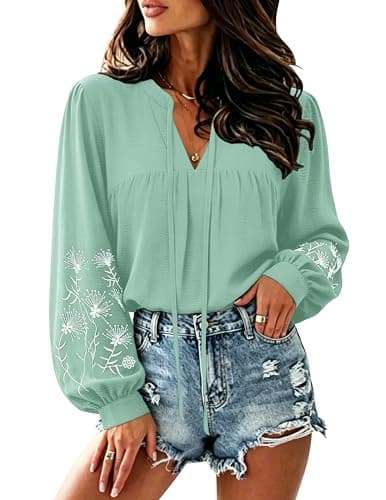 LOOKBOHO Womens Bohemian Embroidered Blouses Summer Tops V-Neck Casual Peasant Western Shirts Trendy 2026 Green XXL - Image 1