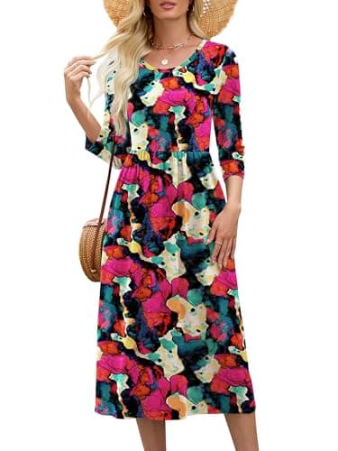 Heymoments Midi Dress for Women Multicolored Medium Crewneck 3/4 Sleeves Wedding Guest A line Casual Flowy Swing Party Vintage Spring Fall Winter Travel 2026 Long Dresses with Pocket - Image 1