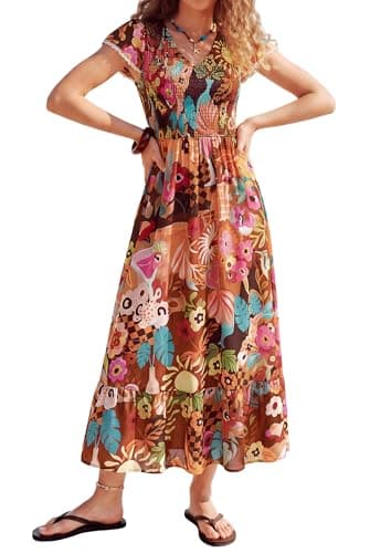 Womens Summer Dresses, Casual V Neck Cap Sleeve Floral Maxi Dress, Brown Aline Flowy Spring Tropica Beach Vacation Clothes L - Image 1
