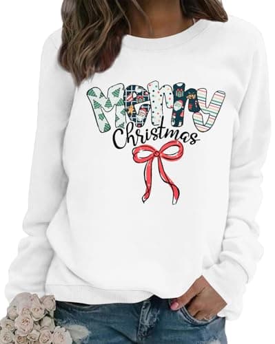 SUPEYA Merry Christmas Sweatshirt For Women Christmas sweatshirts Xmas Long Sleeve Top Winter Holiday Letter Print Pullover White - Image 1