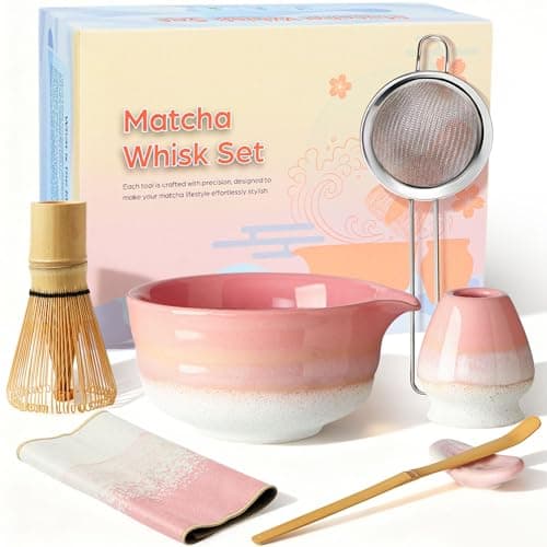 GBBG Matcha Whisk Set, Ceramic Matcha Kit Desert Style, Matcha Whisk and Bowl, Bamboo Scoop and Rest, Sifter and Tea Towel, 7 Pcs Gifts for Matcha Lover - Pink