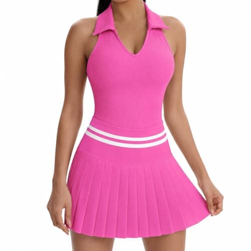 VIPARK Womens Tennis Skirt Set Sleeveless Ribbed Fitted Top and Pleated Mini Skirt with Built in Shorts Pockets Athletic Golf Workout Activewear Outfit Rose Red - Image 1