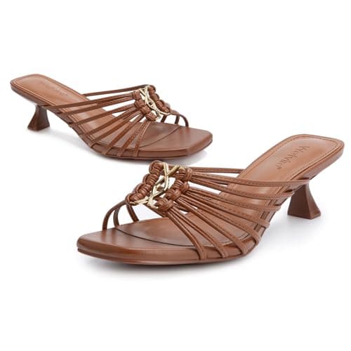 Wetviro Womens Brown Slip On Mules Sandals Low Kitten Heels Square Open Toe Dressy Comfortable Shoes for Women (2026) - Image 1