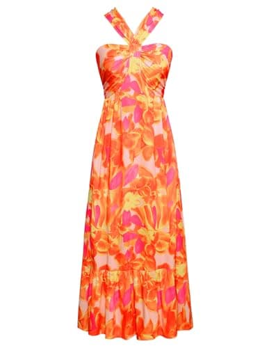 GRACE KARIN 2024 Summer Women's Criss Cross Halterneck Sleeveless Floral Print Flowy A Line Maxi Dress Orange XL - Image 1