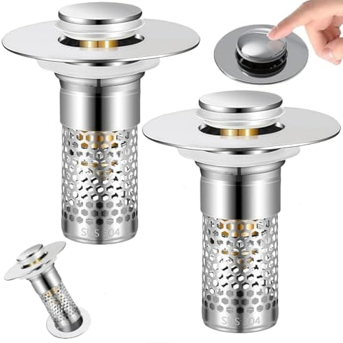 Bathroom Sink Drain Strainer 2 Pack,Bathroom Sink Stopper with Pop-Up Drain and Removable Hair Catcher, Stainless Steel Filter Basket, Fits Standard US Bathroom Sinks - Image 1