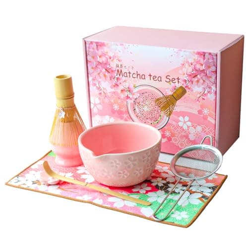 Matcha Whisk Set, Complete 7-in-1 Matcha Set Includes Matcha Bowl, Bamboo Whisk (100+ Prongs) & Holder, Bamboo Scoop & Rest, Stainless Sifter, Tea Towel, Ideal Matcha Kit for Making Matcha (pink)