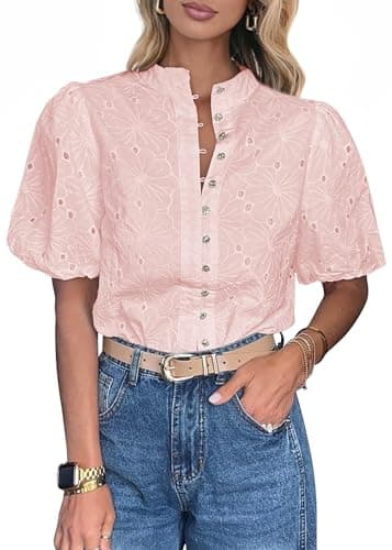 Lazysmile Summer Boho Tops for Women Short Sleeve V Neck Button Down Hollow Out Lace Embroidered Blouses Shirts Pink - Image 1