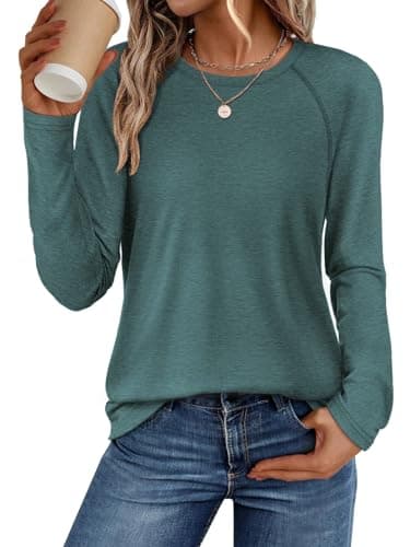 ATHMILE Women's Casual Batwing Long Sleeve T Shirt Round Neck Basic Loose Tunic Tops Green - Image 1