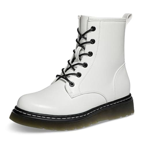 Athlefit Women's Lace-Up Combat Boots Fashion Casual Low Platform Lug Sole Ankle Booties with Side Zipper for Music Festival,White,Size 9,AD01863 - Image 1