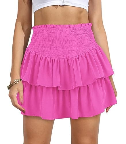 Vigorics Hot Pink Skirt Tiered Ruffle Mini Skirt for Women Trendy Summer Ruched Skirt for Dates and Outdoor Activities Pink XL - Image 1