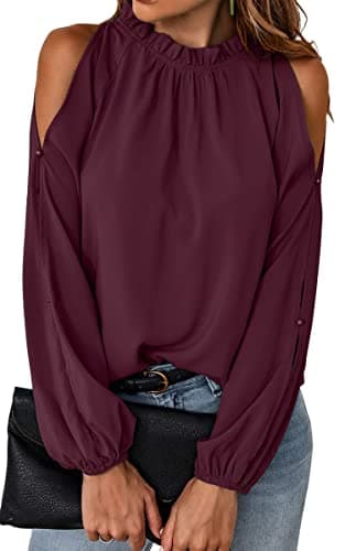CCTOO Womens Tops Dressy Casual Cold Shoulder Ruffle Collar Blouses Fall Fashion Shirts for Work 199Wine Red Small - Image 1