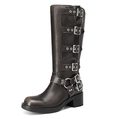 Athlefit Knee High Riding Boots for Women Fashion Buckle Square Toe Chunky Heel Wide Calf Biker Boots Dark Brown Size 11 - Image 1