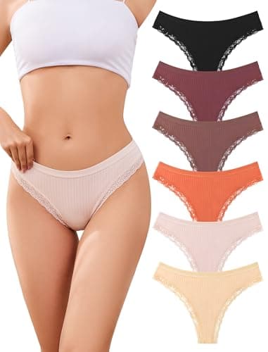 ANSUKOO 6-Pack Cotton Thongs for Women,Lace Underwear,Ladies Breathable Comfort Panties,Soft Laser Cut Undies,Gym Sport Tanga Assorted - Image 1