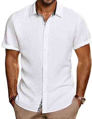 PJ PAUL JONES Men's Button Down Short Sleeve Shirt Casual Summer Beach Textured Wedding Shirts White - Image 1