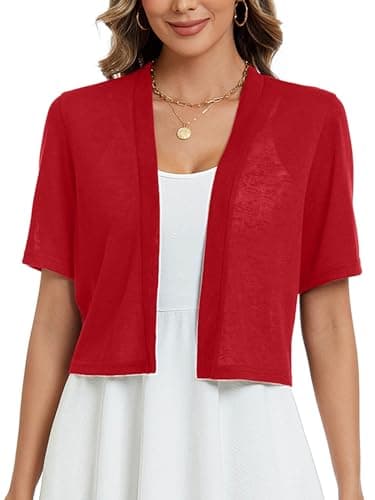 Heymoments Women's Thin Shrugs for Dresses Red Large Open Front Short Sleeve Lightweight Coat Cropped Tops Shawls and Wraps Cardigan Dressy Clothes - Image 1