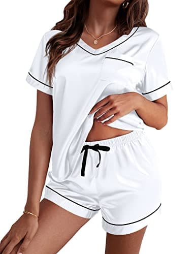 Ekouaer Silk Pajama for Women Short Sleeve Satin Pj Set Two Piece Soft Sleepwear Loungewear Casual Pjs for Summer White Medium - Image 1
