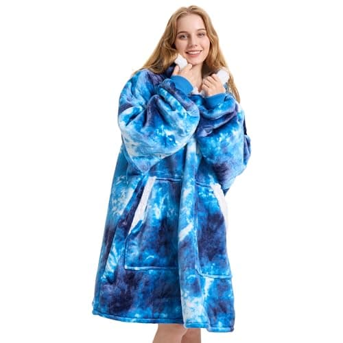 Kipswiza Wearable Blanket Hoodie Gifts for Women and Men, Oversized Cozy Warm Sherpa Fleece Hooded Blankets Sweatshirt Mom, Dad, Teens, Adult (Blue Tie Dye) - Image 1
