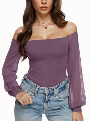 REORIA Womens Going Out Off The Shoulder Sheer Mesh Puff Long Sleeve Thong Bodysuit Tops Gray Purple X-Small - Image 1