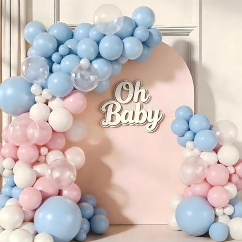 Pink and Blue Balloons Garland Arch Kit, 143pcs Pastel Pink Blue White Clear Balloons for Boy or Girl Gender Reveal Baby Shower Birthday Party Decorations - Image 1