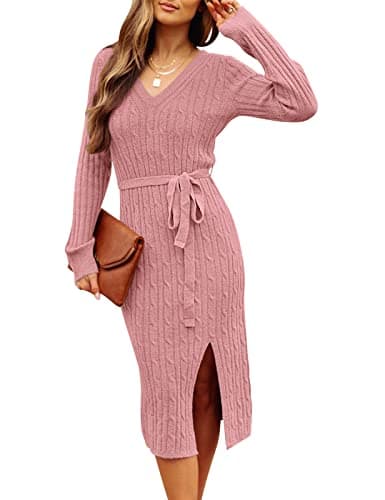 MEROKEETY Women's 2025 Fall Long Sleeve Bodycon Sweater Dress Winter V Neck Cable Knit Slit Midi Dresses, Dustypink, M - Image 1