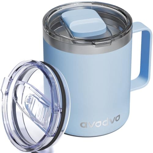 avodvo 12oz Insulated Coffee Mug with Lid – Includes Two Lids, Stainless Steel Coffee Travel Mug with Handle, Double Wall Vacuum Insulated Camping Mug for Home, Office & Outdoor, Light Blue - Image 1