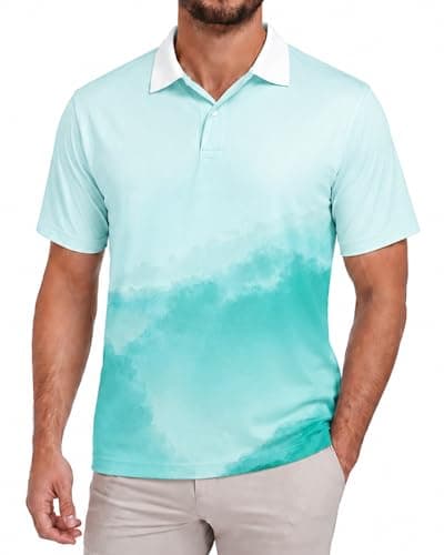 KUYIGO Mens Golf Shirt Short Sleeve Novelty Golf Polo for Men Dry Fit Moisture Wicking Casual Collared Print Polo Shirt M Turquoise - Image 1