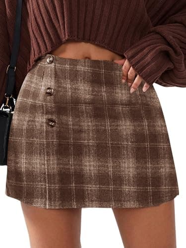 EXLURA Womens Faux Wool Plaid Mini Skirt Elastic High Waisted Tweed Skirts Button Bodycon Skirt Fall Winter Outfit Pocket - Image 1