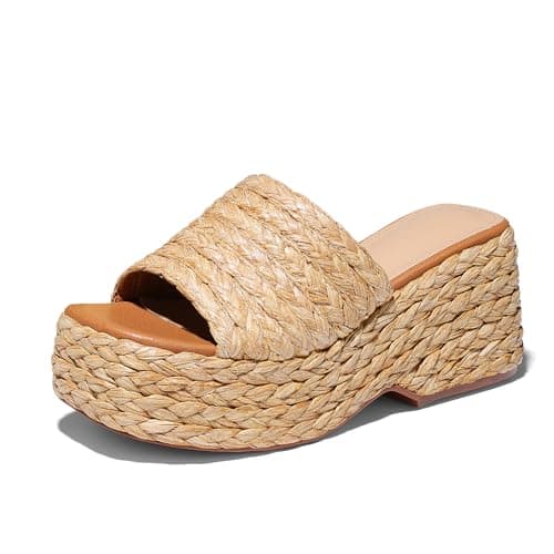 Ancomafio Platform Espadrille Sandals for Women,Raffia Sandals Platform Slip on Wedges Slides Bohemia Sandals Flatform Open Toe Beach Sandals Outdoor Size 8 Brown - Image 1