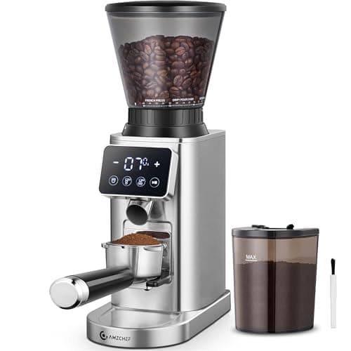 AMZCHEF Coffee Grinder, Coffee Bean Grinder for Home Use with Precise Grinding, LED Control Panel, Detachable Funnel Stand, Anti-static Design, 48 Grind Settings, Silver - Image 1