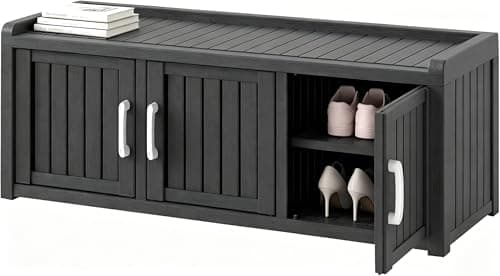 WTFGO Outdoor Shoe Bench, Weatherproof UV Protected Resin Entryway Shoe Storage Cabinet with 3 Doors, Multipurpose Shoe Organizer Seat for Porch Patio Hallway Indoor Bedroom, Matte Black - Image 1