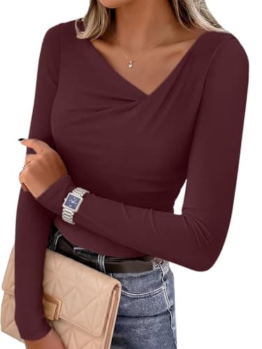 Lepunuo Y2K Tops Long Sleeve Asymmetrical Neck Ribbed Knit Slim Fit Trendy Tshirt for Women Fall Going Out Work A - Wine Red - Image 1