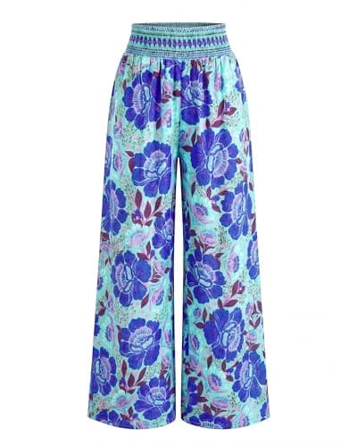 BTFBM Wide Leg Pants Woman 2026 Summer Smocked Waist Floral Pant Resort Wear Spring Beach Vacation Clothes for Women(Blue, Large) - Image 1