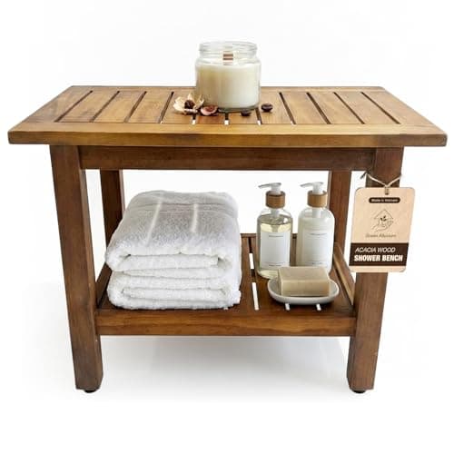 GREEN ALLUVIUM 24 inch Acacia Wood Shower Bench with Storage Shelf - Waterproof Sturdy Shower Stool - Shower Seats for Adults and Elderly - Bathroom Bench 350 lb Capacity - Image 1