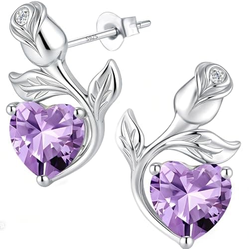 JACUPO 0.8CT Rose Heart Earrings Option of Sapphire Moissanite Stud Earrings Lab-Grown Earrings Birthstone Earrings for Women S925 Sterling Silver Post D Color VVS1 Clarity Ideal Gift for Wife Mother for Birthday Anniversary Valentine's Day Conveying I Love You Message (Jun Light Purple Silver) - Image 1