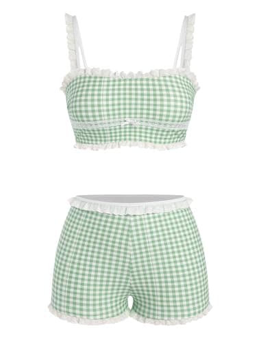ZAFUL Womens High Waisted Bikini Sets 2 Piece Plaid Ruffle Swimsuits Back Strap Top with High Waisted Shorts Bathing Suit Green S - Image 1