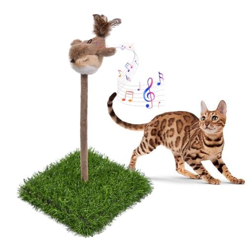 Léwind Interactive Cat Toy for Indoor Cats, Chirping Bird Cat Toy with Green Turf Base, Flying Bird Cat Toy with Real Bird Sound and Feather Tail, Cats Exercise & Kicker to Self Play