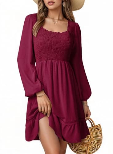 Dokotoo Wedding Guest Dresses for Women Long Sleeve Beach Vacation Outifits Square Neck Smocked Mini Boho Spring Wedding Guest Dresses 2026 Flowy Tiered Lace Dress Purple X-Large - Image 1